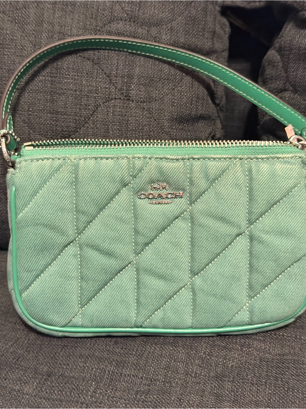Coach Nolia Green denim silver hardware wristlet/mini bag